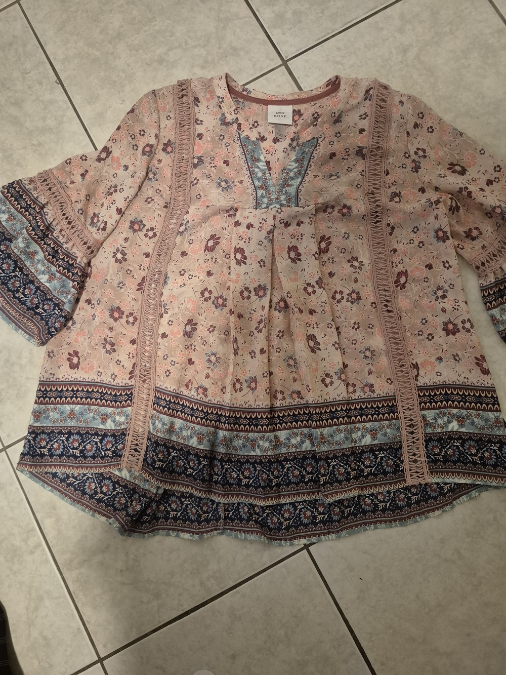 Knox Rose Blush Pink Floral Border Tunic with Navy Trim